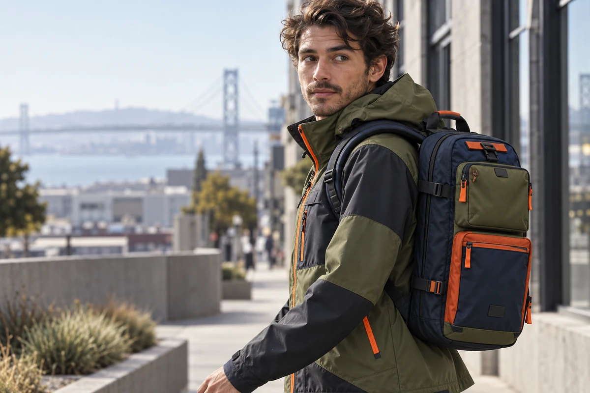 Commuter wearing the FIELD Shell and Command Pack, EARTH / URBAN concept illustration