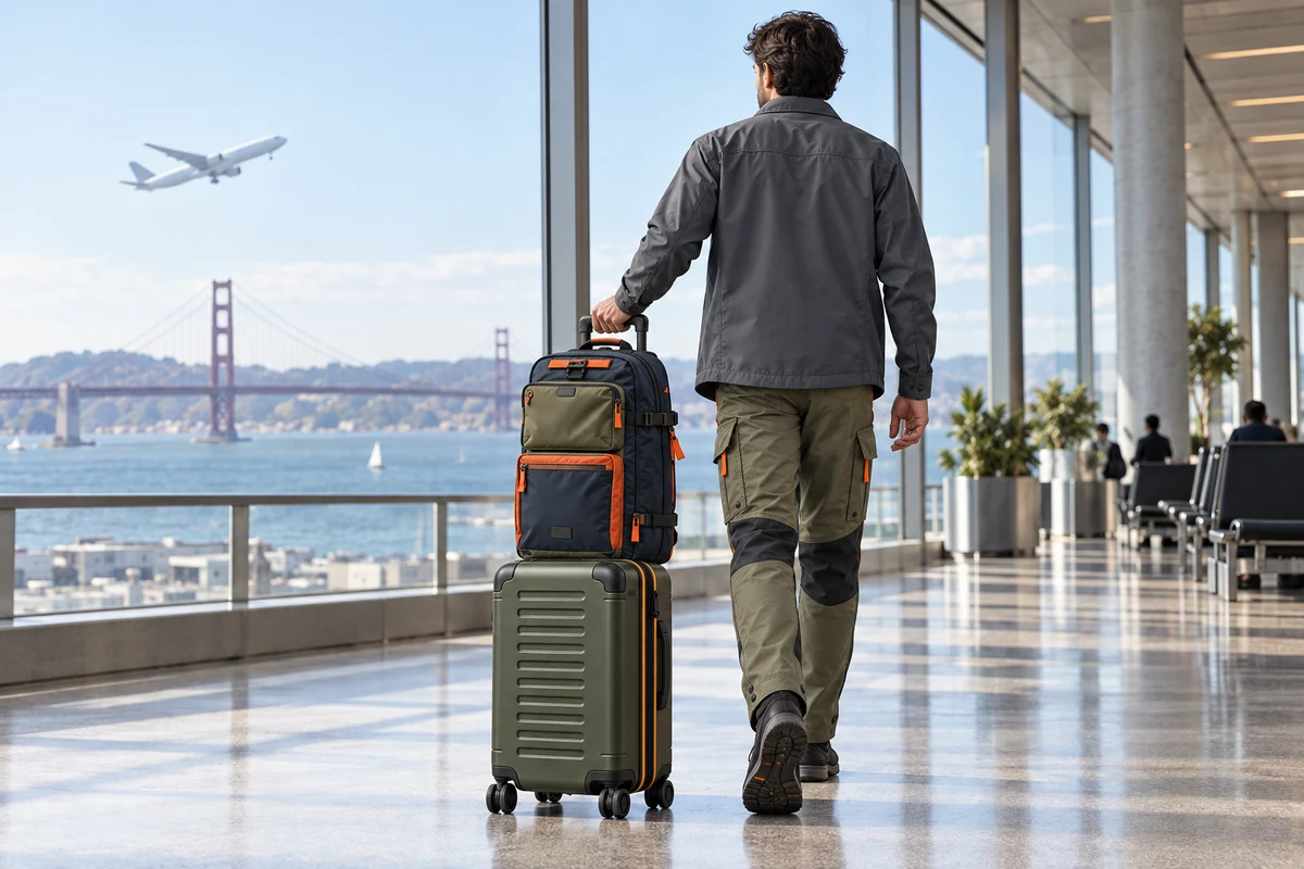 Traveler rolling the Horizon Carry-On with the Command Pack docked on top, EARTH / URBAN concept illustration