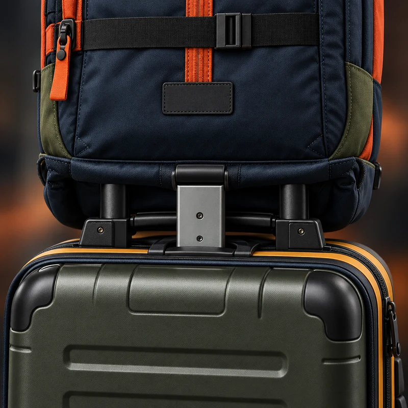 Concept close-up of a backpack docked onto a hard-shell carry-on handle