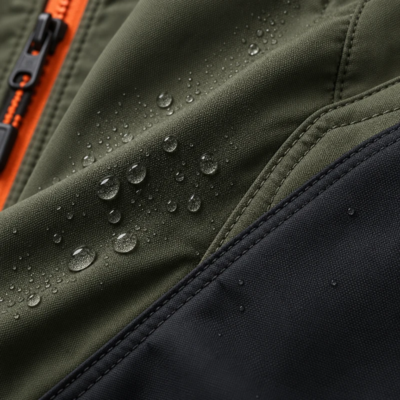 Concept close-up of water beading on a technical shell fabric