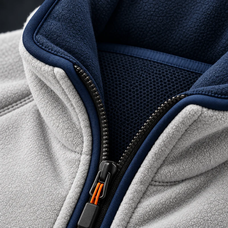 Concept close-up of a fleece collar with a mesh-lined zip opening