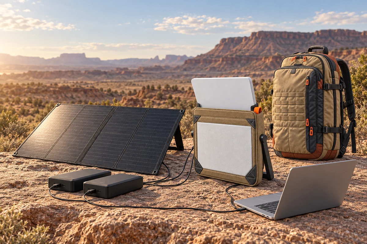 The off-grid kit deployed on rock: the Relay Bay on its stand with a satellite terminal, a folding solar panel, two battery banks, a laptop and the Traverse Travel Pack