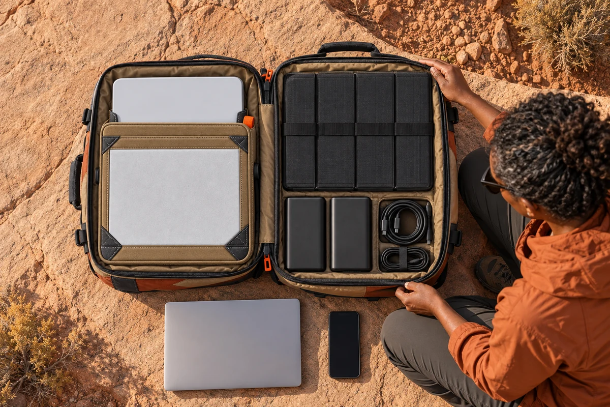 The same kit packed flat inside the Traverse Travel Pack: the Relay Bay with the terminal inside it, the folded solar panel, two battery banks, a laptop and cables